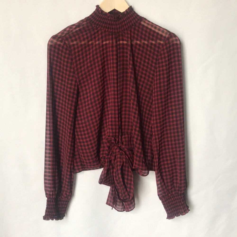 Olivaceous Buffalo plaid sheer  tie top size s